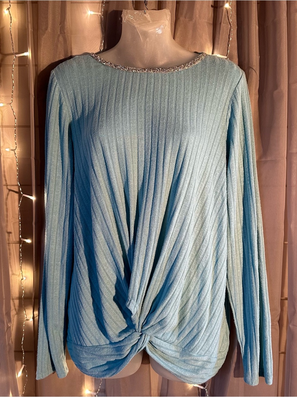 Juicy Couture Crystal Neck Twist-Front Ribbed Top Blue Cerelean Sky Size L